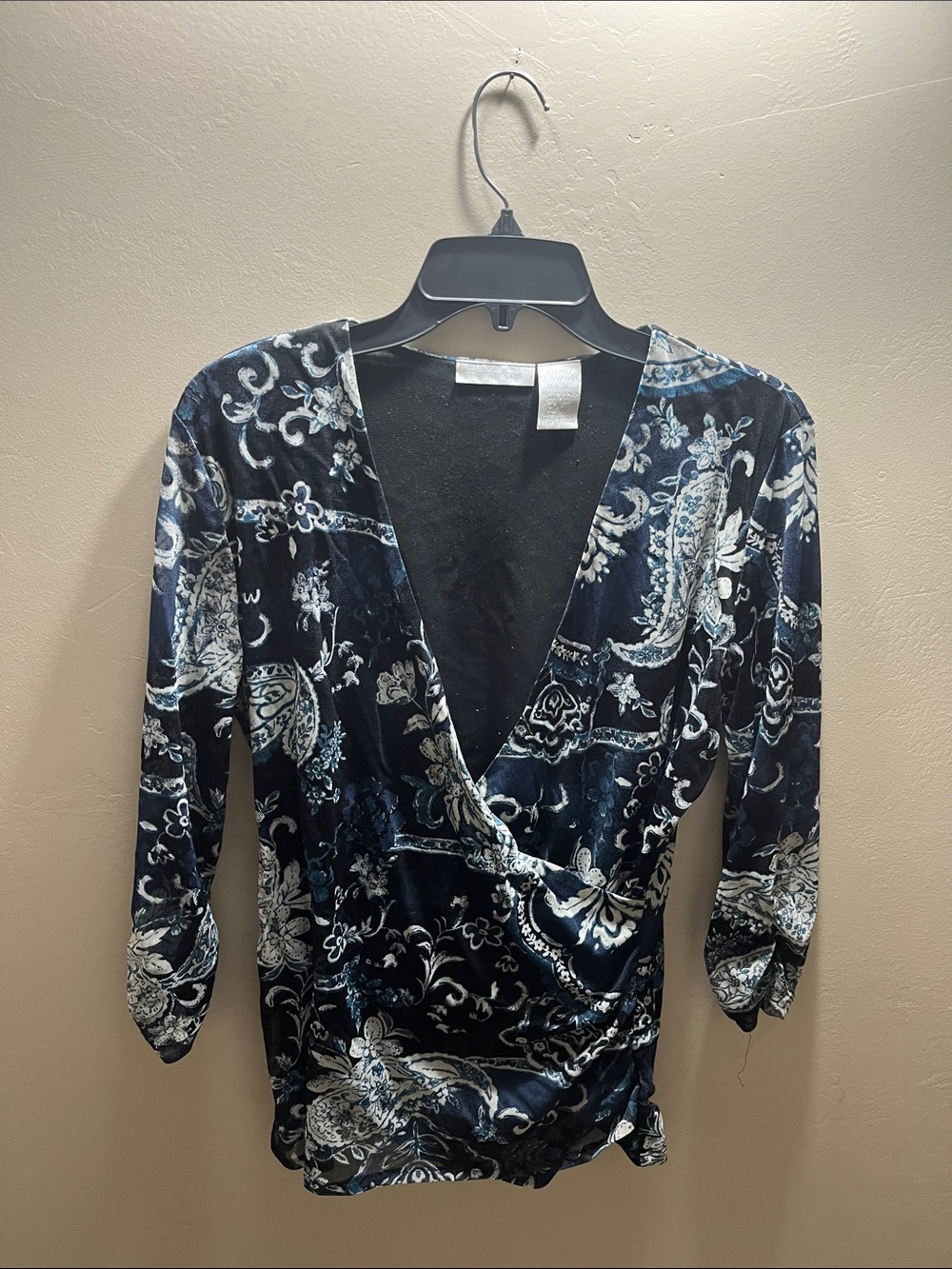 Worthington Navy Blue and White Floral Wrap-Style Blouse